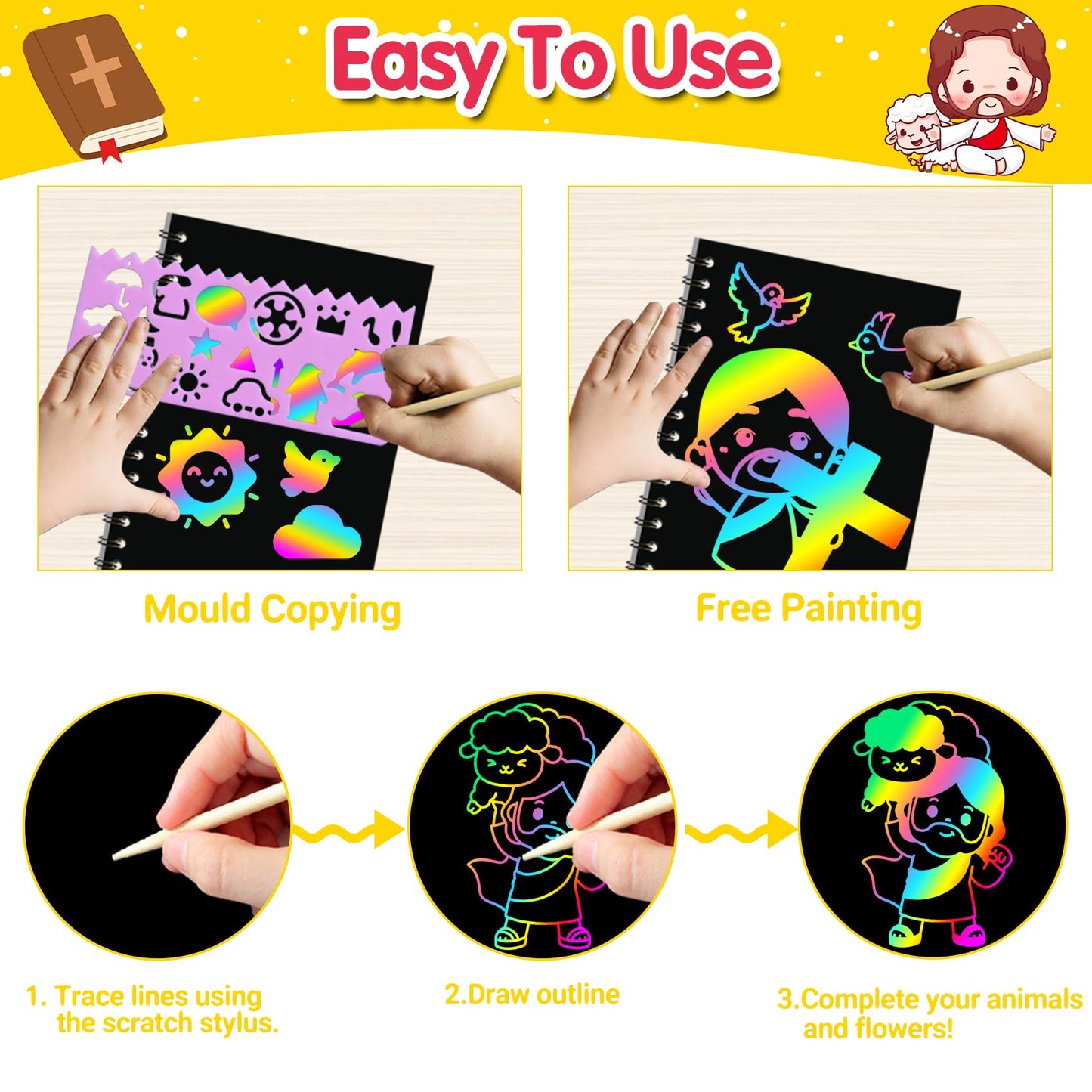 ZMLM Rainbow Scratch Party Favors Kids: Birthday Gifts Toy Bulk Scratch Art Notebook Birthday Goodie Bags Stuffers Girls Boys Art Craft Kit Pads Classroom Prizes School Teacher Return (Christian, 24)