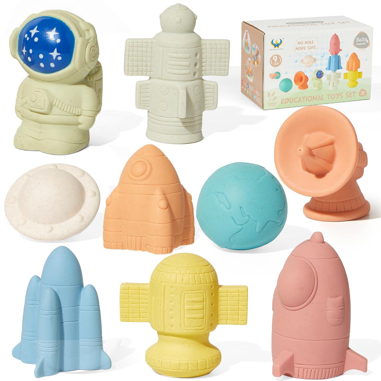 AMCHSURI Mold-Free & No Holes Bath Toys 9 Pack | Safe Astronaut & Rocket Ship Toys for Babies 6-12M & Toddlers 1-3Y | Bathtub Pool Float Toys for Boys Girls