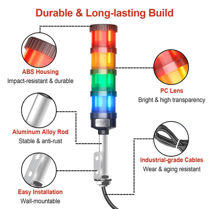 4 Stack Super Bright LED Andon Tower Light with Buzzer, 24VDC Red/Yellow/Green/Blue, Off-ON Switch, 16.4ft Extension Cord, 9.8ft Power Adapter, Plug Play Ready, for Factory Automation & Safety Alarms