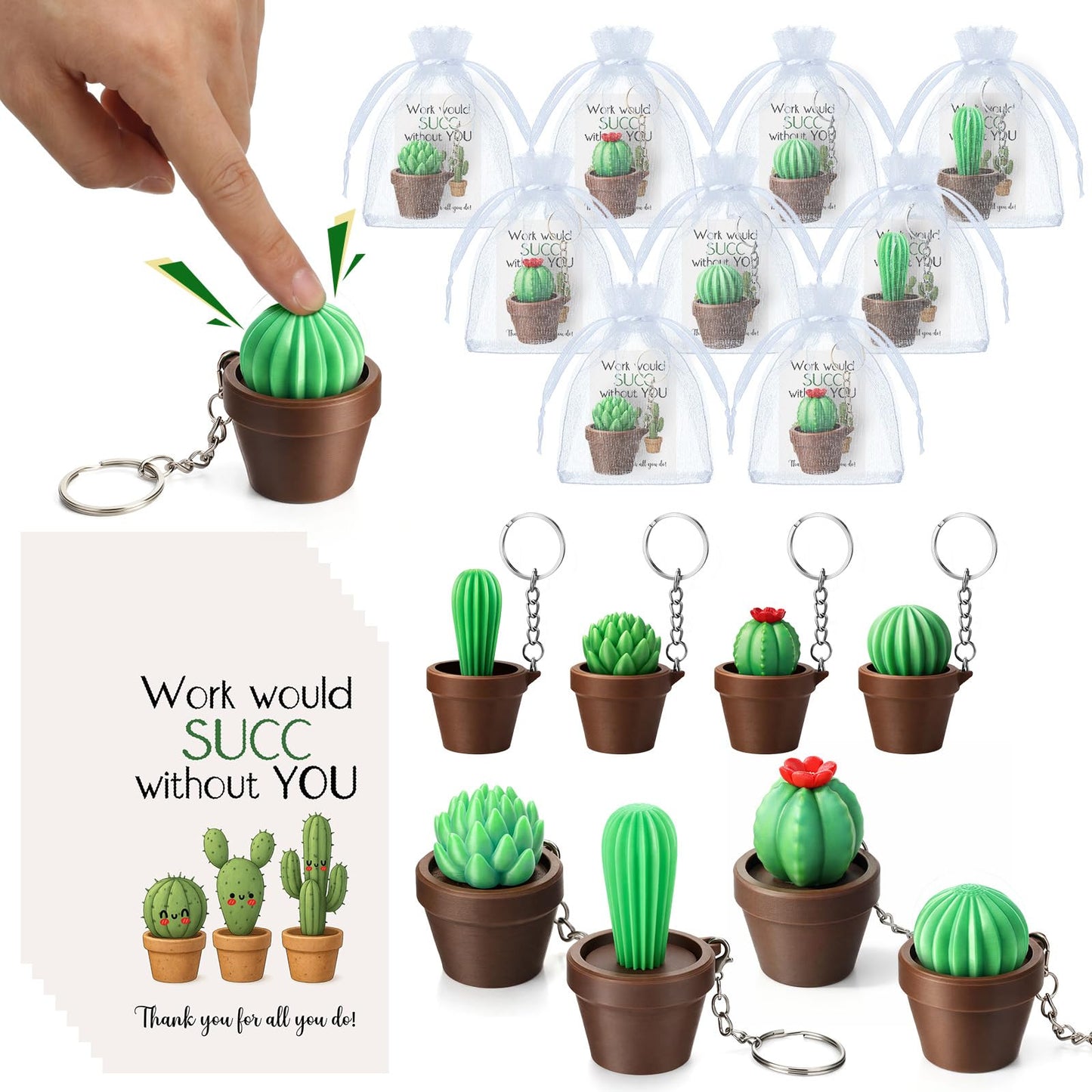 Gerrii 24 Sets Plant Lover Gifts Succulent Cactus 3D Clicker Fidget Keychains Inspirational Cards Bulk 3D Press Stress Relief Sensory Keychain Employee Appreciation Positive Gifts for Coworker Teacher