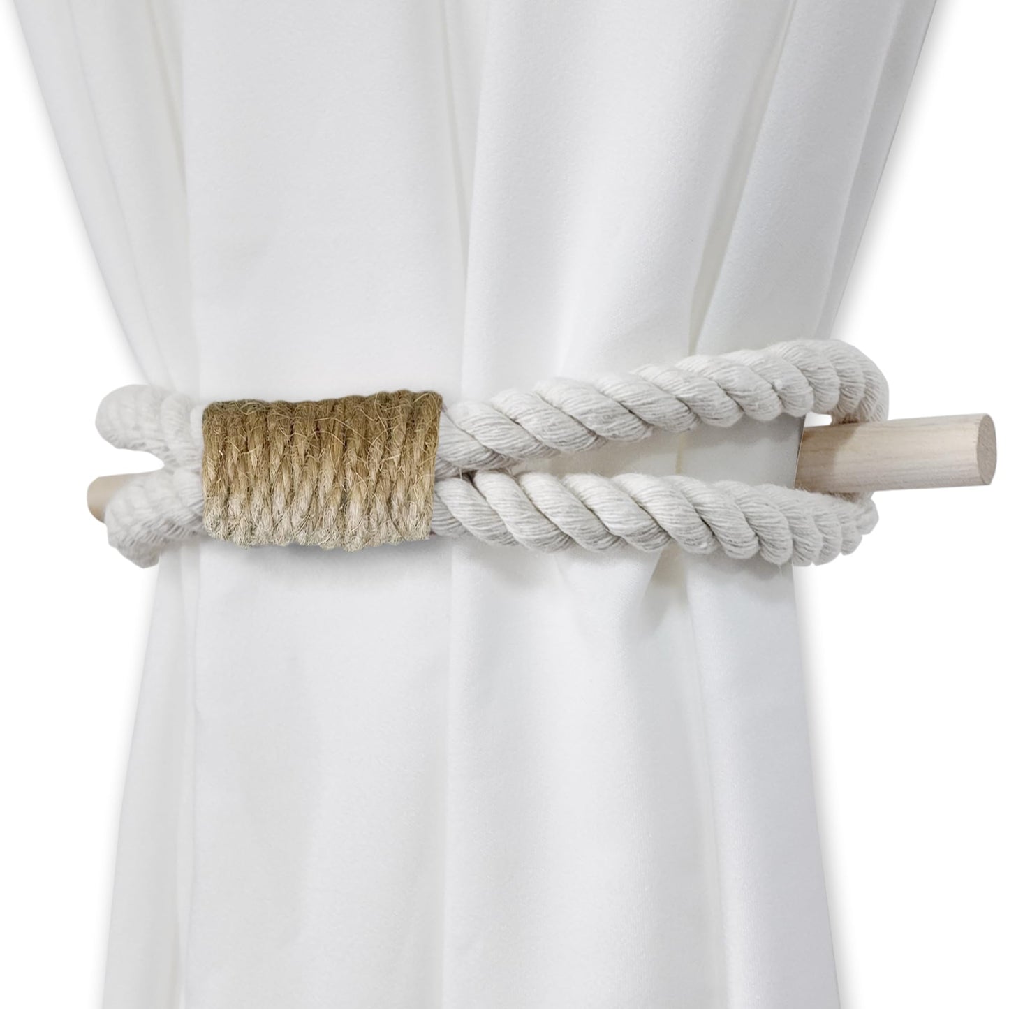 Curtain Tiebacks Rustic Holdbacks for Drapes, Farmhouse Tie Backs for Curtains, Cotton Jute Rope with Wood Club, Natural Boho Decor Shabby Chic Drapery Holder, Pack-2
