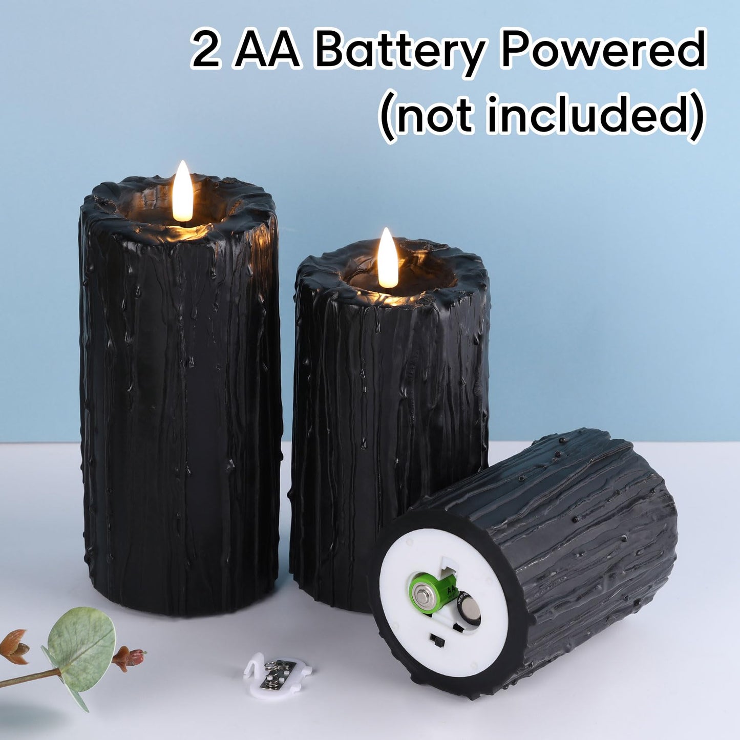 Eywamage Black Dripping Wax Flameless Pillar Candles with Remote, Flickering Halloween Battery LED Candles Set of 3