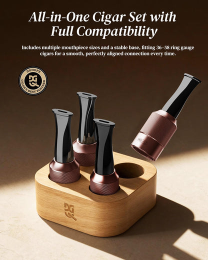 DGHOPE Cigar Holder & Mouthpiece Tips Set (36–58 Ring Gauge) – Reusable Metal & Resin Cigar Mouthpiece with Beech Wood Storage Base, Smooth Draw, Cigar Accessories Gift for Men and Women Brown