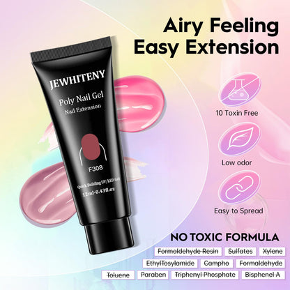 JEWHITENY Poly Extension Gel Nail Kit 14 PCS Poly Gel Kit with Slip Solution and Mini Lamp Nail Art Design Beginner