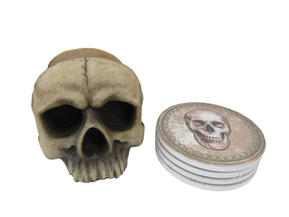 DWK Decorative Skull Holder with Drink Absorbent Coasters | 4 Piece Coasters for Drinks Absorbent with Holder Set | Goth Kitchen Accessories and Skull Bar Decor - 5"…