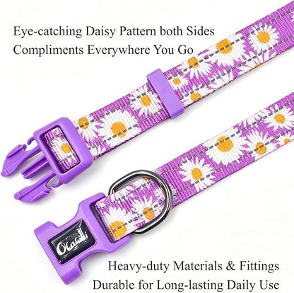 Dog Collar Leash Set, Floral Pattern, with Safety Reflective Strips, 5 ft Matching Leash, Neoprene Padded Handle, Adjustable 4 Sizes for Small Medium Large Dogs.(XS, Purple Daisy)