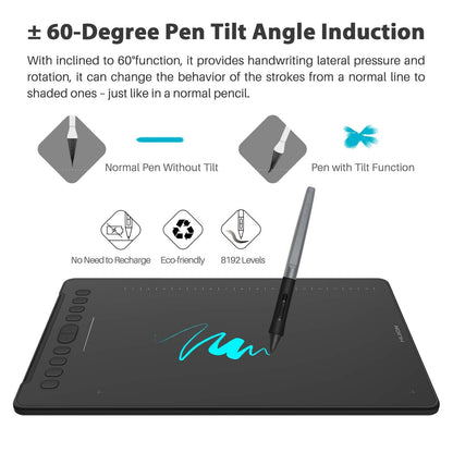 HUION Inspiroy H1161 Graphics Drawing Tablets, Touch Strip and 8192 Pen Pressure Sketch Tablet with Battery-Free Stylus,10 Shortcut Keys, Compatible with Android, Windows, and Mac Black