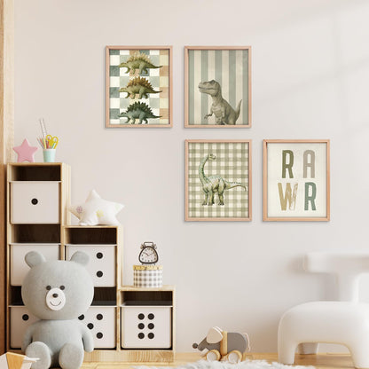 VONTP Retro Funny Dinosaur Wall Decor for Boys Toddler, Dino Rawr Wall Art for Green Dinosaur Room Decor for Kids Bedroom Classroom Playroom, 8x10 Inch Set of 4 (Unframed)