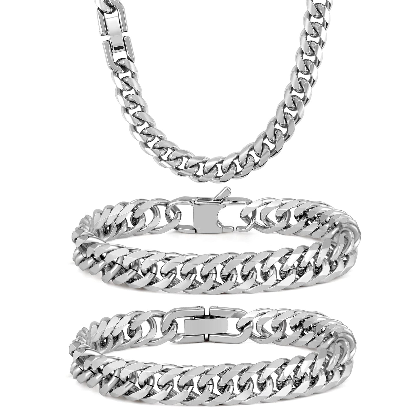 Aoody 3PCS Cuban Link Bracelet Necklace, Sturdy 316L Stainless Steel Cuban Link Chain for Men Jewelry Set 8mm, 7inches
