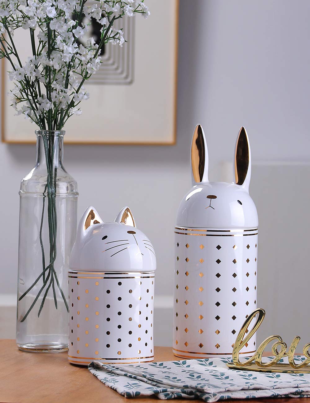 HAUCOZE Rabbit Cookie Jar Decorative Candy Jar with Lid Modern Kitchen Decor Canister Ceramic Gift 8.1 Inch