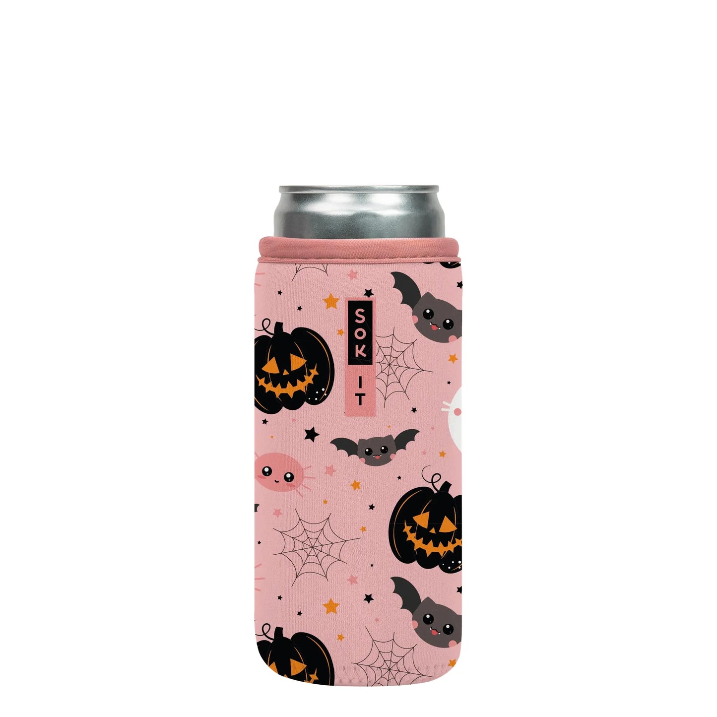 Sok It CanSok Sleeve for Beer & Soda Insulated Neoprene Cover (Spooky in Pink, 12oz Slim Can Sleeve)