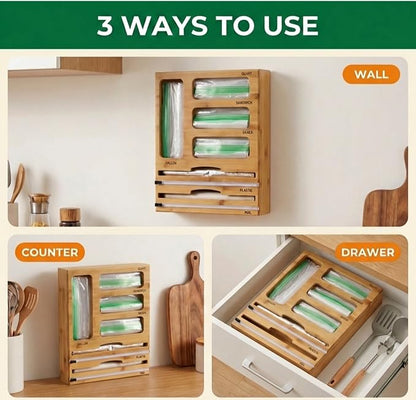 Bag Storage Organizer for Kitchen Drawer and Plastic Wrap Dispenser with Cutter, 6 In 1 Large Capacity Bamboo Foil and Plastic Bag Food Baggie Organizer for Snack, Sandwich, Gallon, Quart