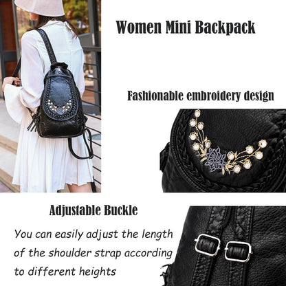 HUAZHIMAO Mini Backpack for Women, Soft Washed PU Leather Small Backpack Purse for Women, Waterproof Fashion Shoulder Bag, Ladies Travel Black Rucksack Handbags Bags with Beautiful Flower Pattern