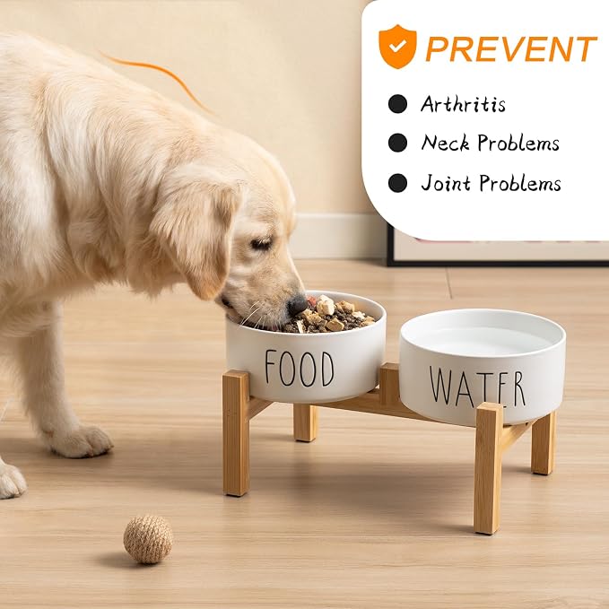 Elevated Ceramic Dog Bowls Set - Food & Water Lettering Raised Dog Bowl with Non-Slip Bamboo Stand for Cats and Small Dogs, Weighted Dogs Dishes Pet Bowls (5.1 inch, 2 * 16oz, White)