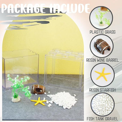 Small Betta Fish Tank, Stackable Mini Fish Tank Tiny Aquarium Tank Kit with Aquarium Gravel & Resin Decorations, 0.6 Gallon Cube Desktop Fishbowl for Snails, Crabs, Starfish (Clear)