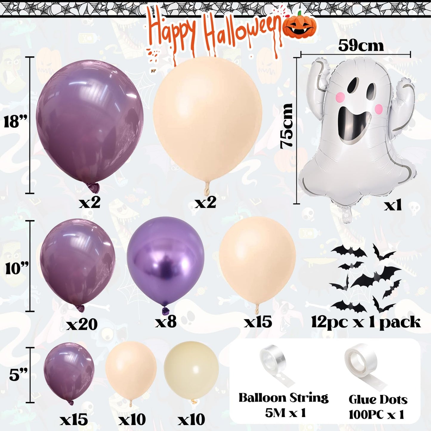 Halloween Balloons Garland Kit, 111 PC Purple Nude Cream Balloons with Cute Ghosts & 3D Bats, Beige & Metallic Purple for Girls' Party Decorations