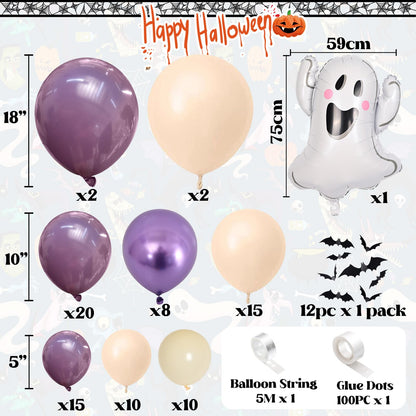 Halloween Balloons Garland Kit, 111 PC Purple Nude Cream Balloons with Cute Ghosts & 3D Bats, Beige & Metallic Purple for Girls' Party Decorations