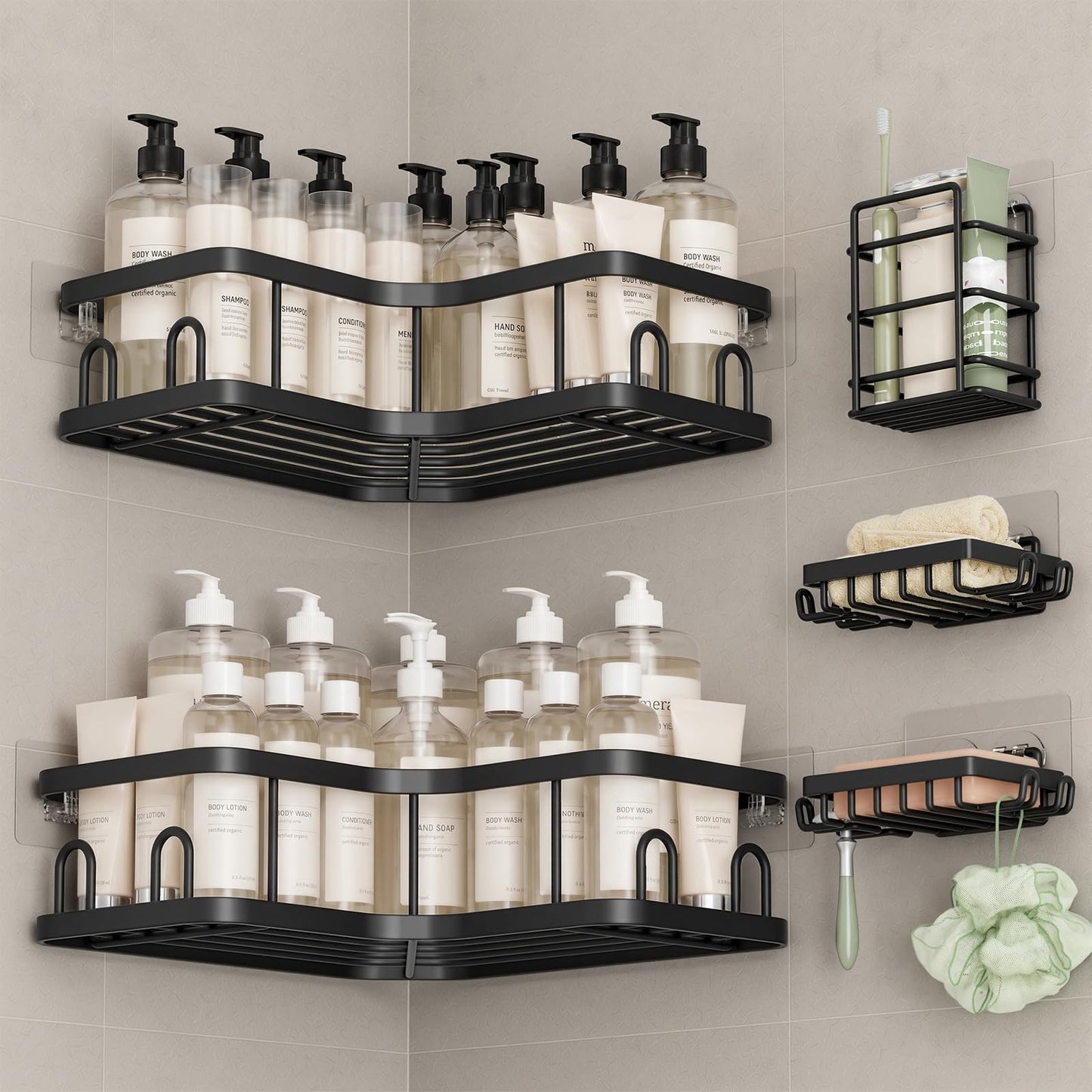 Veken Corner Shower Caddy 5-Pack, Advanced Rustproof Design, No Drilling Adhesive Shelves, Rack with Soap Holder, Large Capacity Bathroom Organizers and Storage, Wall-Mounted Kitchen&Home Decor,Black