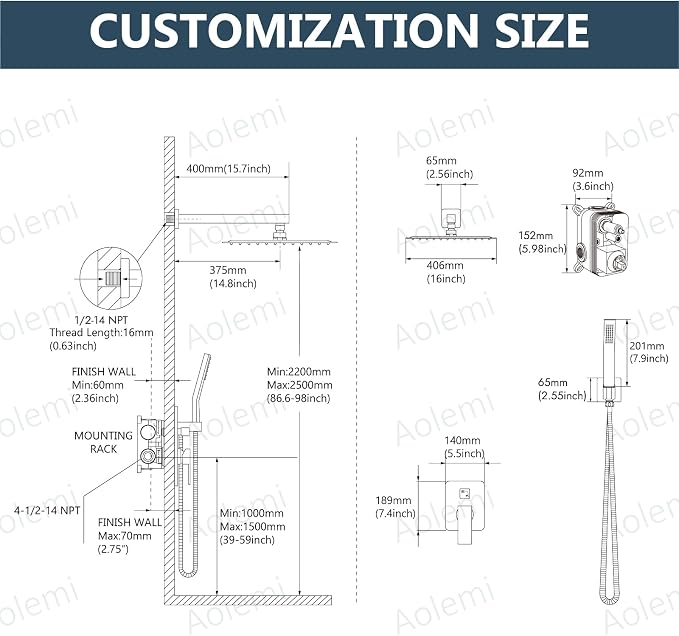 Aolemi Shower Faucet Set Rain Shower System with Handheld Spray Bathroom Shower Combo Rough-in Valve and Shower Trim Kit Included Oil Rubbed Bronze 16 Inch Wall Mount Shower Head