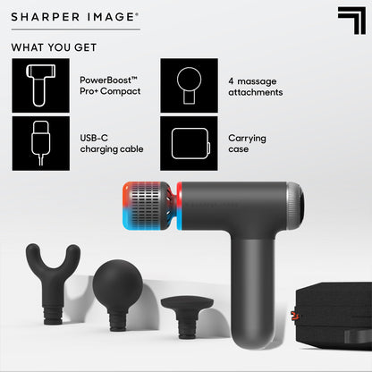 Sharper Image® Powerboost® Pro+ Hot & Cold Deep Tissue Massage Gun - 6 Speeds, 6 Attachments, 5-Hour Battery, Travel Case, Charging Base, Shoulder & Back Massager, Pain Relief Tool, FSA Eligible