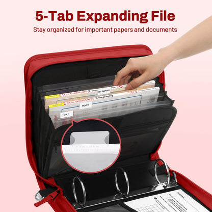 SUNEE Zipper Binder 3 Ring, 3 Inch O-Ring with Handle and Shoulder Strap, 600-Sheet Capacity, 5-Tab Expanding File Folder, Multi-Pockets for Middle School Organizer Binder with Zipper, Bright Red