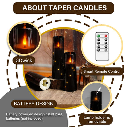 kakoya Flameless LED Candles with Timer 9 Pc Flickering Flameless Candles for Romantic Ambiance and Home Decoration Stable Acrylic Shell,with Embedded Star String,Battery Operated Candles（Black）