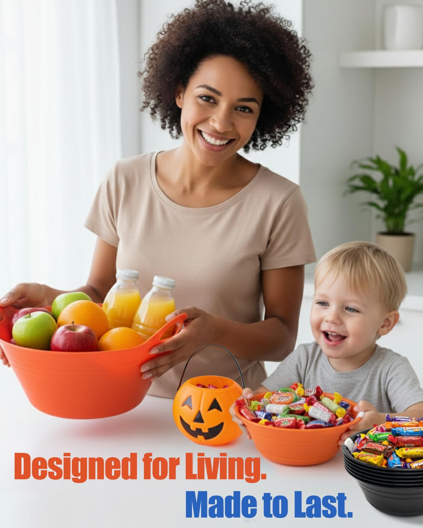 Mintra Home Plastic Bowls (4L Large 2pk, Orange) -10.75W x 4.5inH - large orange plastic bowl for popcorn, snacks, drinks, candy, Halloween, trick or treat bowls - 2 Pack
