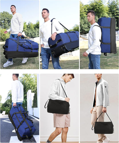 XWFB Rolling Duffle Bag with Wheels,110L/140L Expandable Soft-Sided Foldable Duffle Bag with 2 Rubber Wheels,Packable 32” Rolling Carry-On with Multi-Pockets & Compartments (Dark blue)