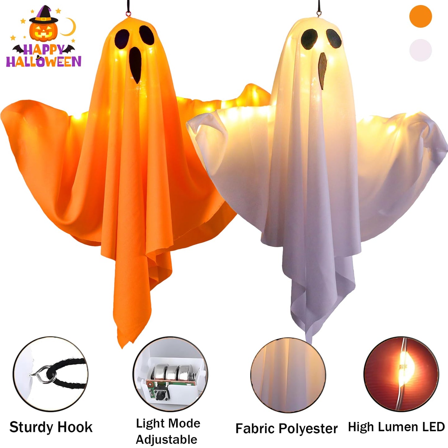 2Packs Ghost Lights - Halloween Decor, Yard Decorations for Parties & Gardens (White)