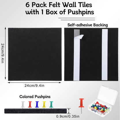 Large Cork Board 28" x 19", 6 Pack Felt Bulletin Board with Pushpins, Cork Boards Alternative with Self-Adhesive Strips, Felt Wall Tiles Pin Boards for Walls Office Home School Decor-Black