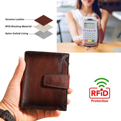 Men's Vintage RFID Blocking Bifold Wallet Genuine Leather with Zipper Coin Pocket Multi-Card Slots & ID Window (Coffee)