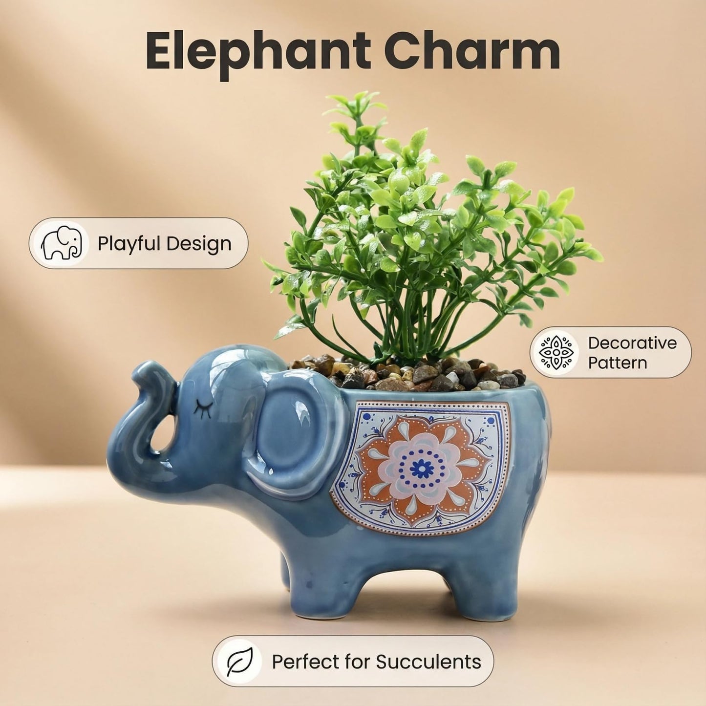 SUSOYAOCHEN Ceramic Succulent Planter, Animal Cactus Small Flower Pots with Drainage Cute Elephant Bonsai Pot for Desktop Windowsill Indoor Outdoor Decor (Dark Blue)