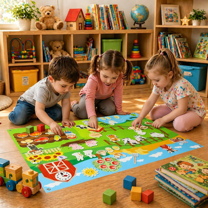SUYEPER Farm Felt Story Board Set with 44pcs Animal Figures and Clock Number Learning Children's Story Set Storytelling Early Education Learning Board, Preschool Wall-mountable.