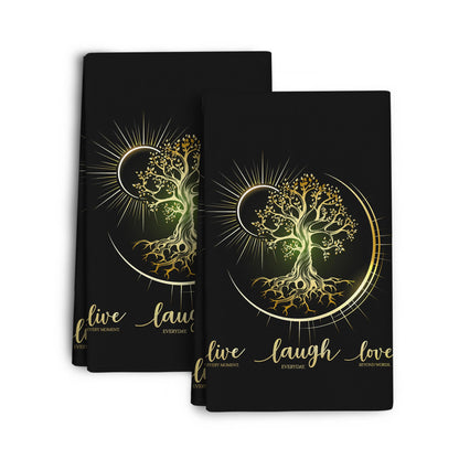 Wovoto Live Laugh Love Kitchen Towels Decorative Set of 2, Absorbent Tree Life Tea Towels Hand Towels for Kitchen,Hippie Witchy Kitchen Decor Aesthetic,Cute Moon Dish Towels for Kitchen Drying