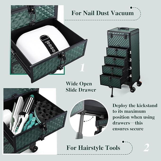 Yueieoun Nail Salon Cart with 4 Drawers,Rolling Makeup Train Case for Beauty,Cosmetology Case on Wheels Trolley Cart,Lockable Organizer Travel Case for Manicure/Face Painting/Hairstylist,DARK GREEN