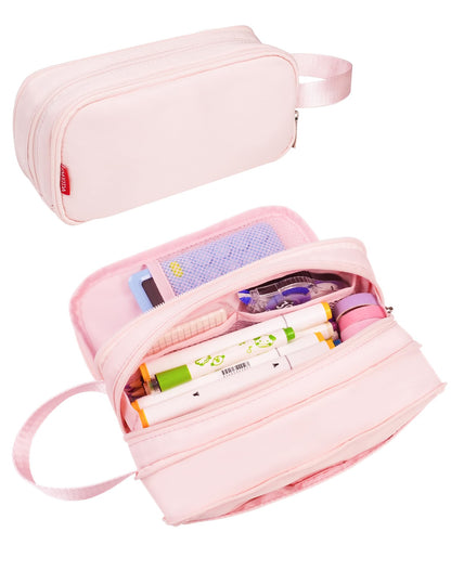 Fmeida Pencil Case Pouch Expandable - Extra Large Pencil Pouch Aesthetic Pencil Bag Office Stationery Organizer with Handle for Adult Men Women - Pink