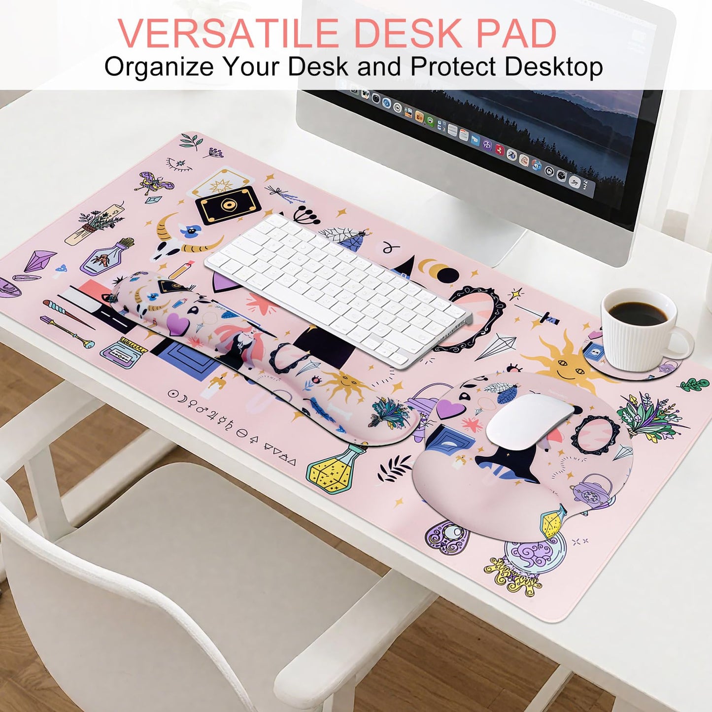 Petmolico Mouse Pad Set with Computer Keyboard Desk Pad,Mouse Pad with Wrist Rest,Typing Wrist Pad and Cup Coasters,Ergonomic Design for Typing Pain Relief [Pink,Halloween]