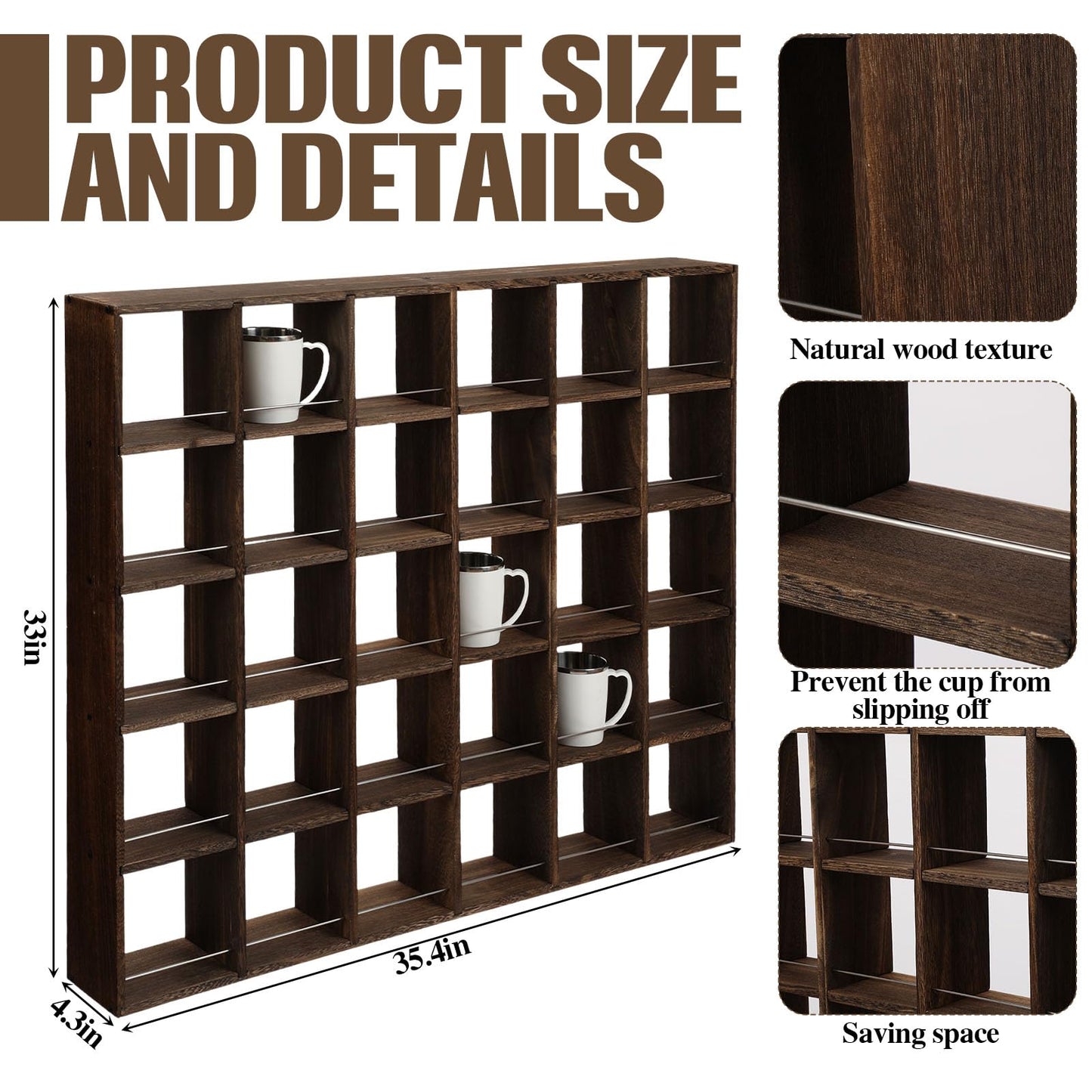 Kigley Oversize Coffee Mug Display Rack Wooden Shelves Rustic Shot Glass Display Case Travel Mug Shelf Wall Mounted Rack Holder Shadow Box(5 x 6,Dark Brown)