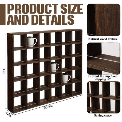 Kigley Oversize Coffee Mug Display Rack Wooden Shelves Rustic Shot Glass Display Case Travel Mug Shelf Wall Mounted Rack Holder Shadow Box(5 x 6,Dark Brown)