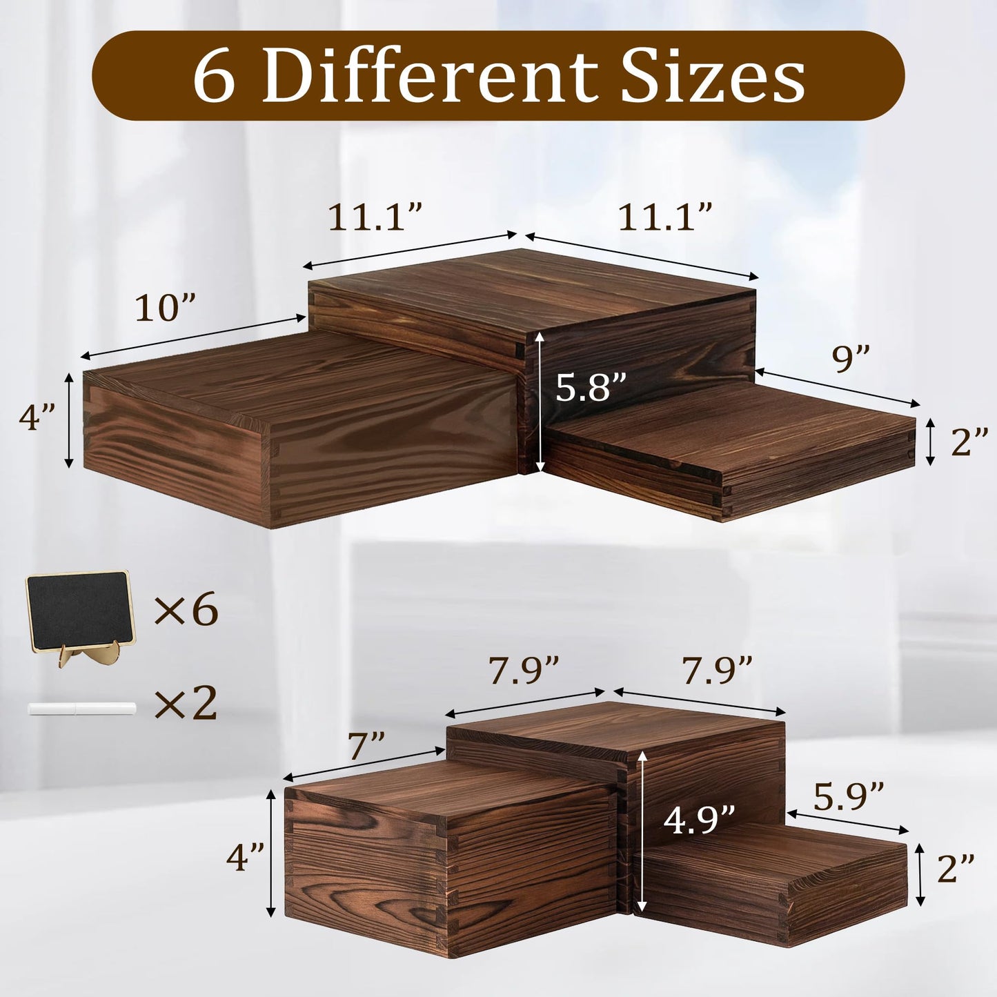 Verssure 6-Pack Wood Risers Display Stands, Multi-Height Food Risers for Buffet Table, Rustic Wooden Cake & Cupcake Stands for Party, Birthday, Wedding, Halloween Decor