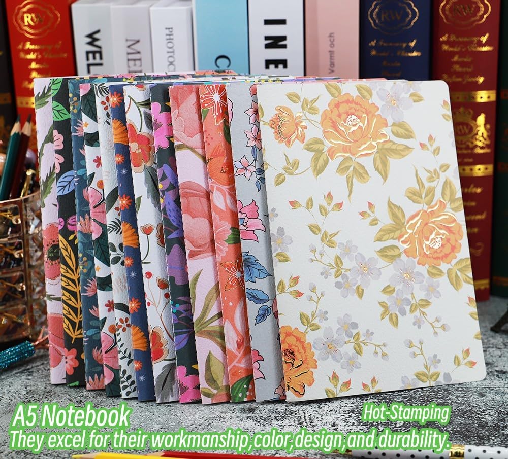 Composition Notebook Journals -12 Pack with 60 Lined Pages, 30 Sheets, Sewn Binding, Hard Cover Books Embossed Cover in Floral Bliss Pattern (5.75 x 8.35 Inches) for School, Office, or At-Home Use