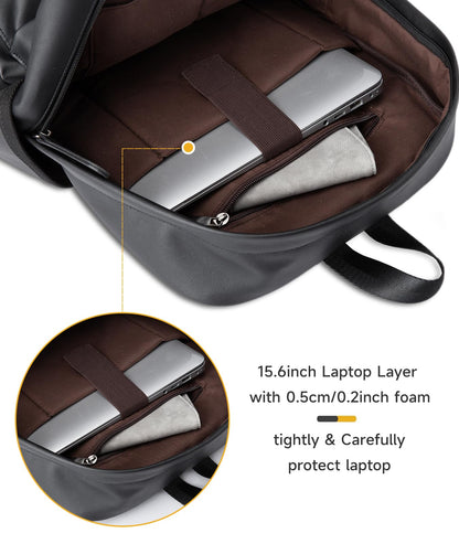 MOYYI Leather Laptop Backpack for Men Black Fit 15.6inch Laptop Backpack Simplify Rucksack Waterproof for Work Commute Casual Daypack