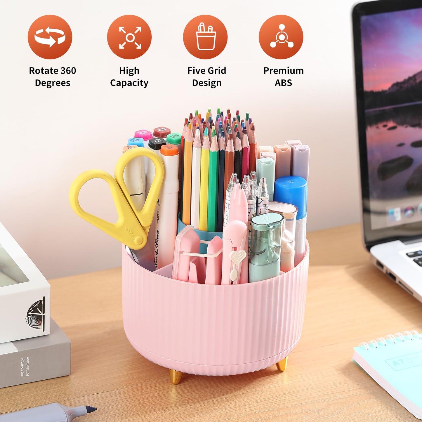 EDENMS Desk Pencil Pen Holder, 5 Slots 360°Degree Rotating Organizers for Desk, Desktop Storage Stationery Supplies Organizer, Cute Cup Pot Office, School, Home, Art Supply, Pink