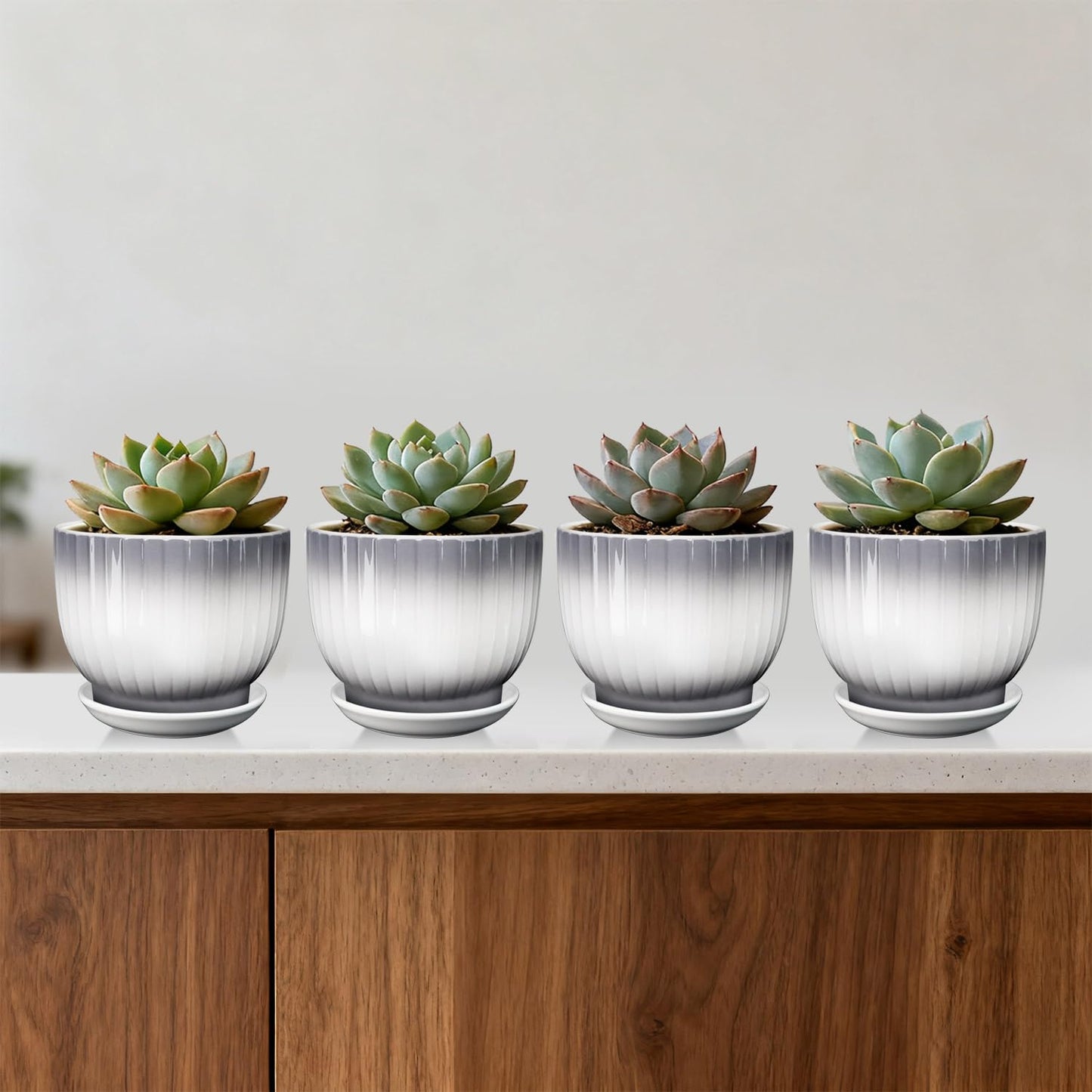 YUFDA Ceramic Plant Pots,5.5 Inch,Set of 4,Planters with Drainage Hole and Saucer,Flower pots for Indoor Plants,Modern Design(Gray+White)