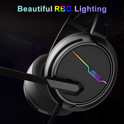 Jeecoo V20U USB Pro Gaming Headset for PC - 7.1 Surround Sound Headphones with Noise Cancelling Microphone- Memory Foam Ear Pads RGB Lights for Laptops