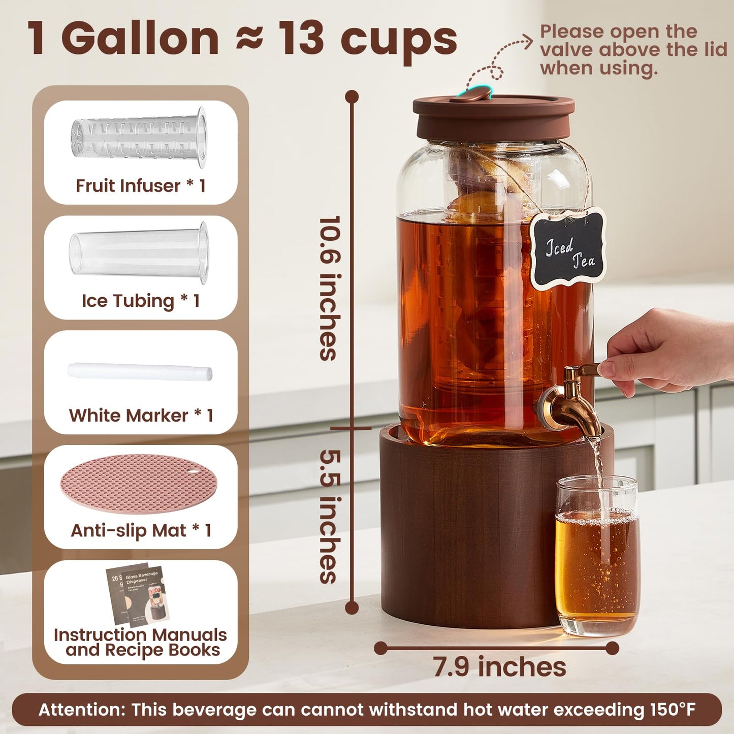 1 Gallon Glass Drink Dispenser for Parties, Beverage Dispenser with Wooden Stand, Silicone Lid and Stainless Steel Spigot, Ideal for Lemonade, Juice, Sun Tea, and Party Drinks