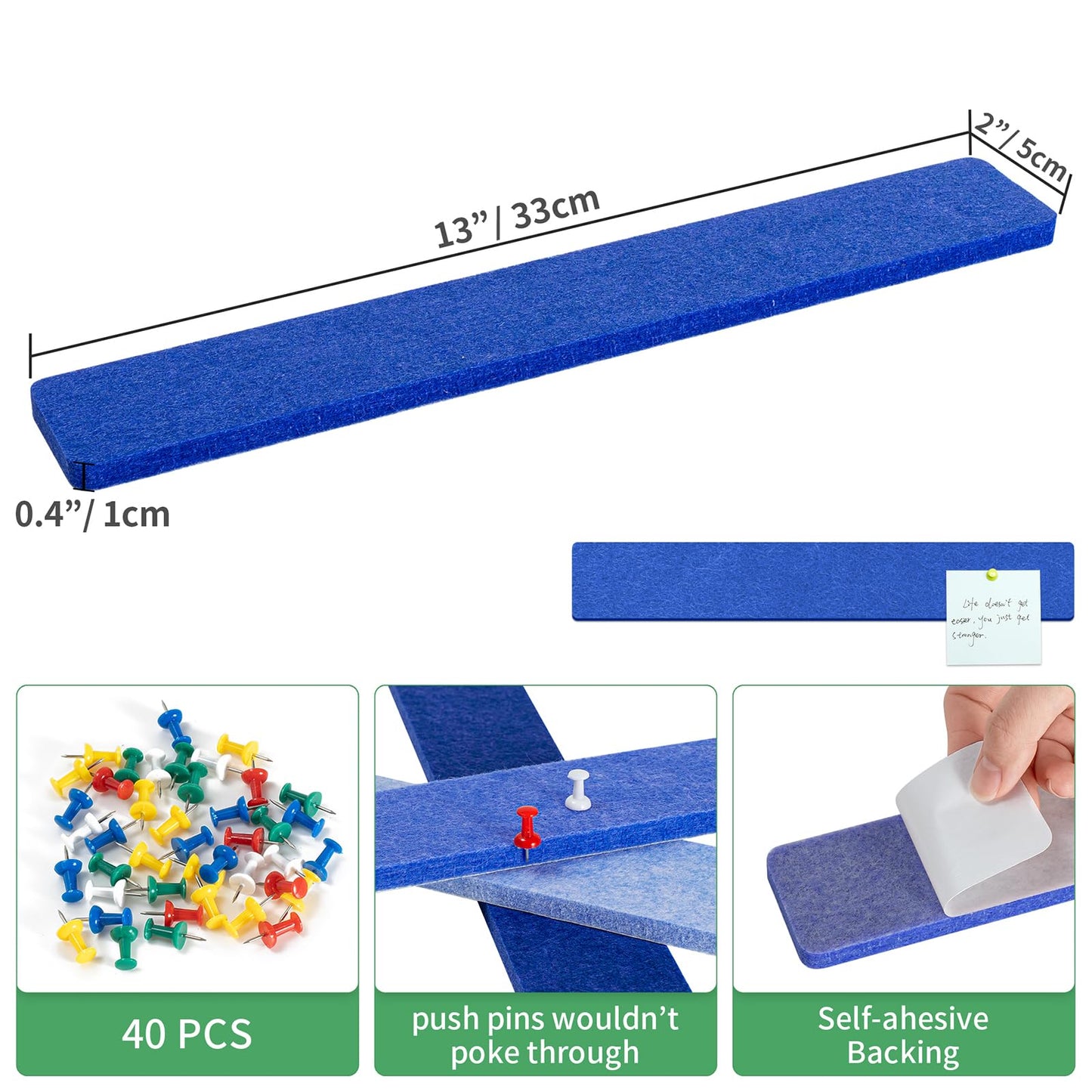 GoTiling Cork Board for Walls - 8 Pack Felt Pin Board Bar Strips - Self-Adhesive Lightweight Bulletin Board - Cork Board for Office with 40 Push Pins No Damage for Wall