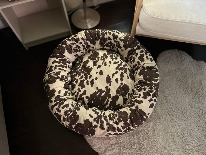 Organic Cotton Canvas Dog Bed: Removable Cover, Natural Fill - Made in USA (Cow Print Brown White, Large 35" x 8" inches)