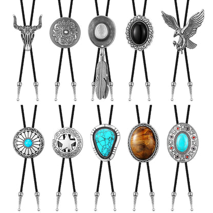 ShinyMatch 10 Pcs Bolo Tie for Men Women Western Cowboy Accessories Leather Necktie with Tiger Eye Stone Costume Accessories(Silver,Classic)