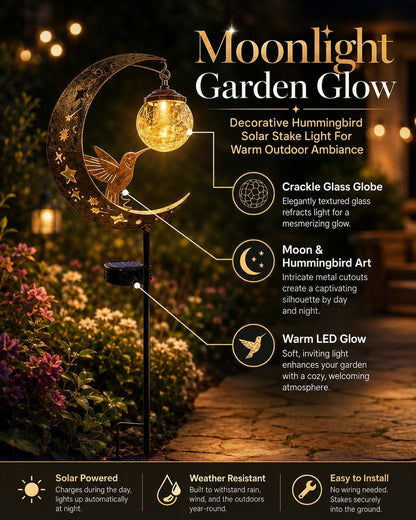 MJTLCZF Hummingbird Moon Solar Garden Stake Light,Half and Half Moon Ball LED Pathway Decor Crackle Hanging Glass Globe Ball Metal Crescent for Outside Yard Patio Lawn Pathway Outdoor Decor(2PCS)